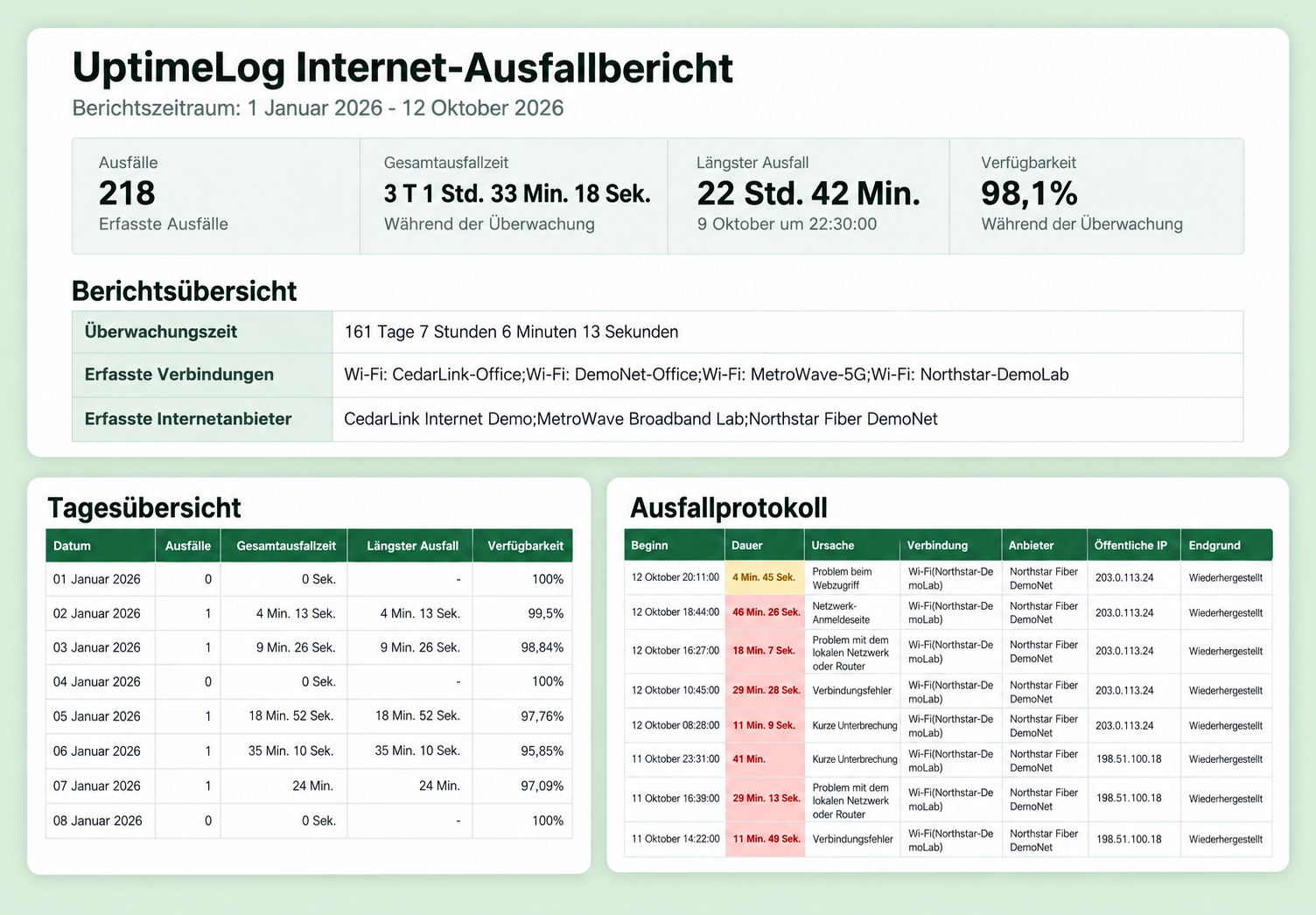 Vorschau eines UptimeLog-Berichts zu Internetausfällen