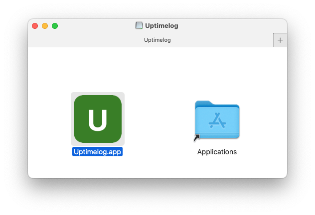 UptimeLog installation window showing the app being moved to Applications