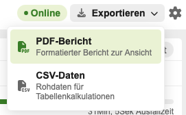 UptimeLog-Exportmenü mit den Optionen für PDF- und CSV-Berichte