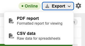 UptimeLog export menu showing PDF and CSV report options
