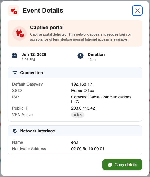 UptimeLog outage details view showing a recorded outage reason and diagnostic information