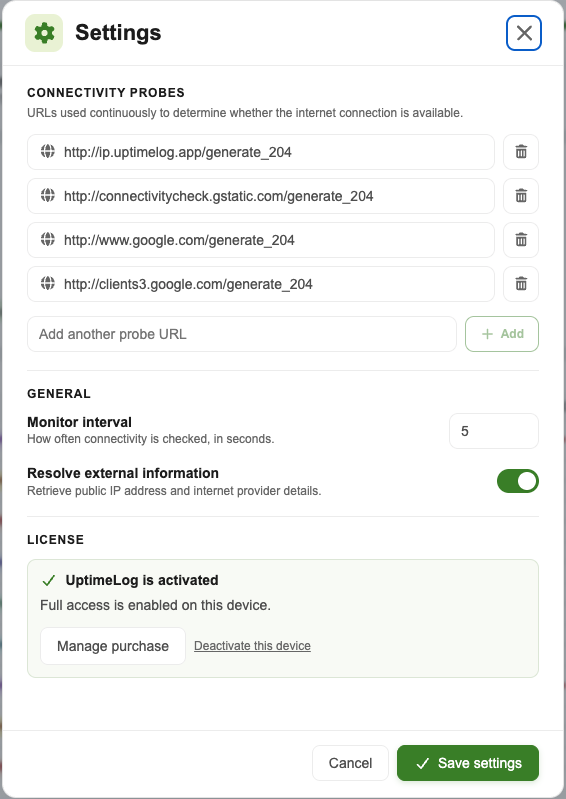 UptimeLog settings screen